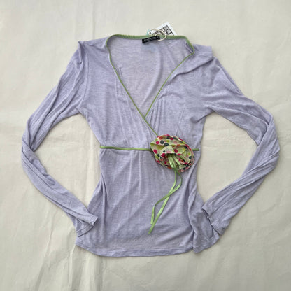 Kosmika Pastel Lilac Wrap Style Polka Dot Rosette Long Sleeve Top