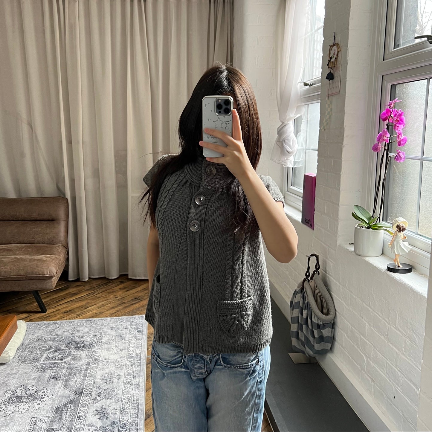 camieu dark green cable knit preppy puff sleeve high neck big button knit cardigan