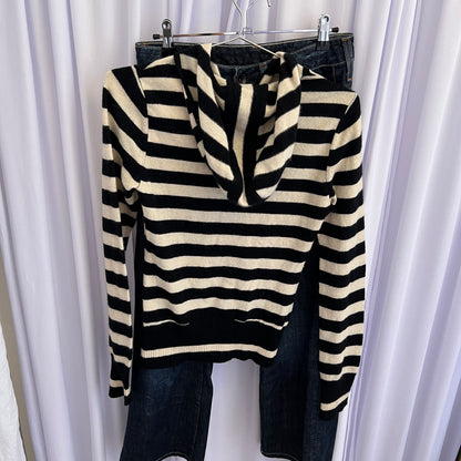 Burberry Label Black White Striped Wool Long Sleeve Fitted Zip Hoodie Cardigan Jacket
