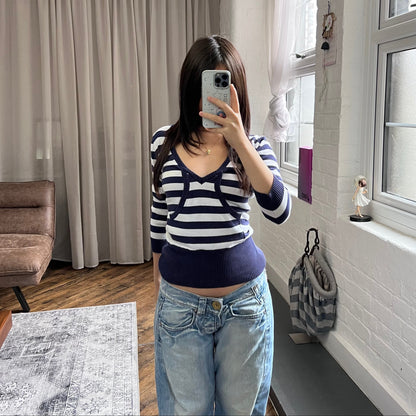 tally weiji white navy ribbed 3/4 sleeve sporty cropped knit sweater
