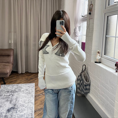 preppy armani exchange white grey folded wide collar long sleeve patch sweater