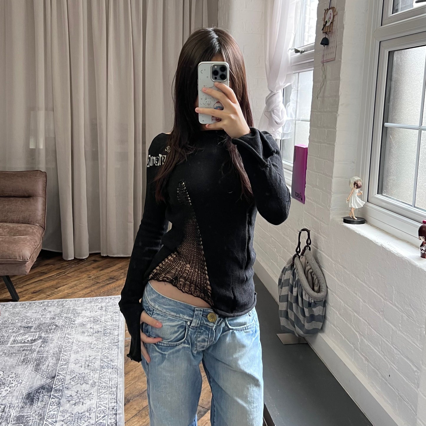 vintage hysterics rock and punk black long sleeve cobweb open distressed knit top