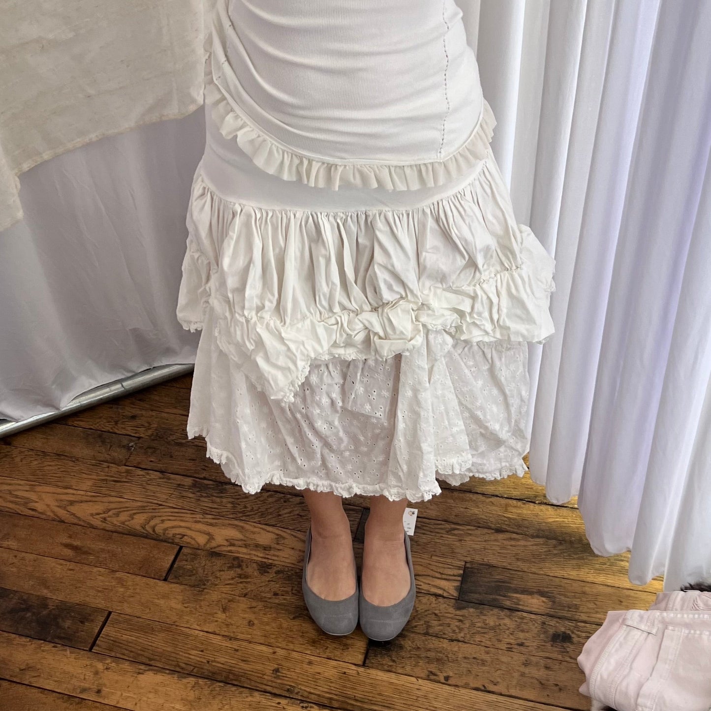 Prairie White Ruched Flared Broderie Anglaise Midi Skirt