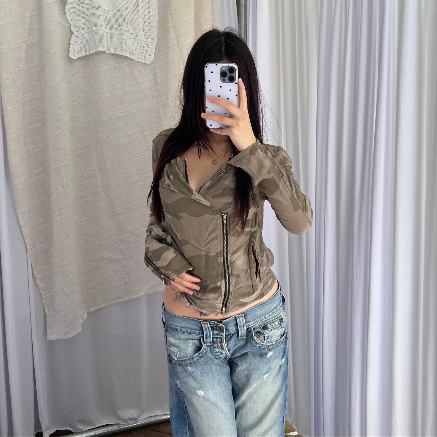 3L Khaki Camo Asymmetric Dual Zip Long Sleeve Jacket Top