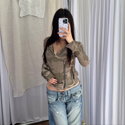 3L Khaki Camo Asymmetric Dual Zip Long Sleeve Jacket Top