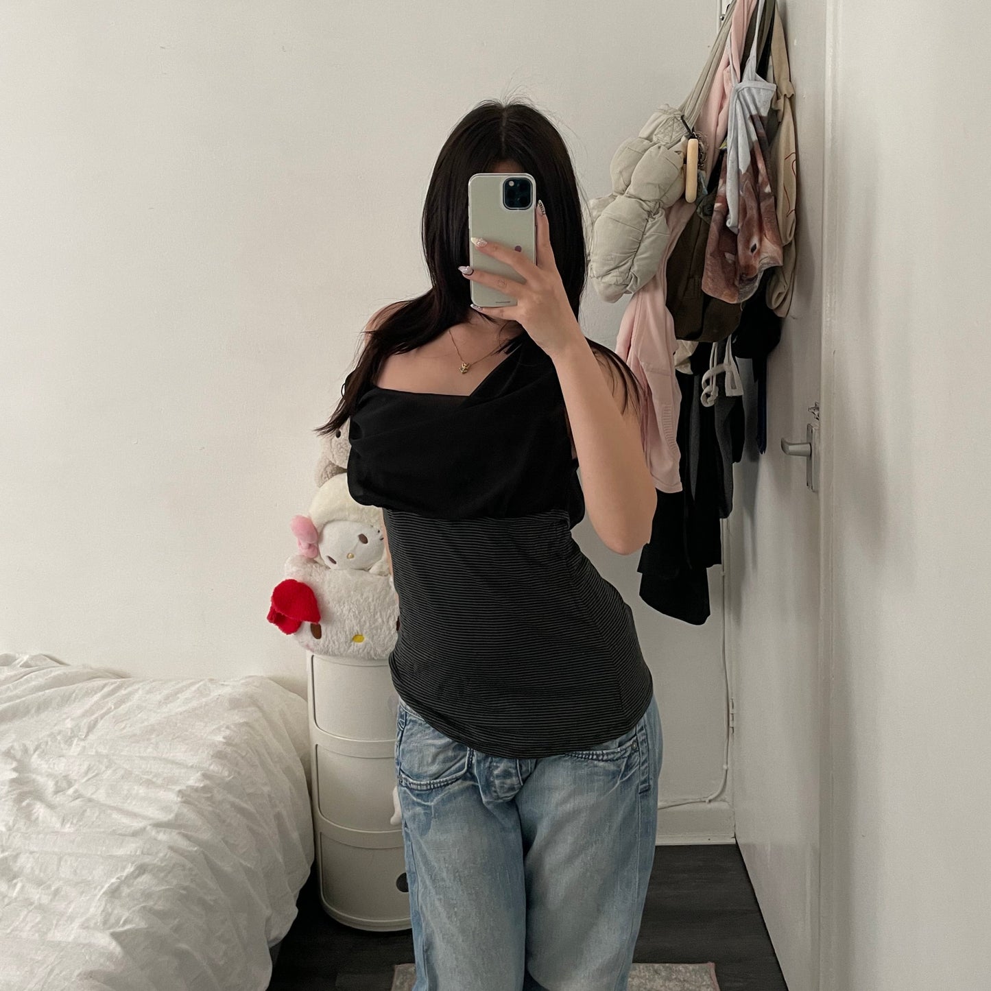 fornarina black teal draped striped sleeveless top
