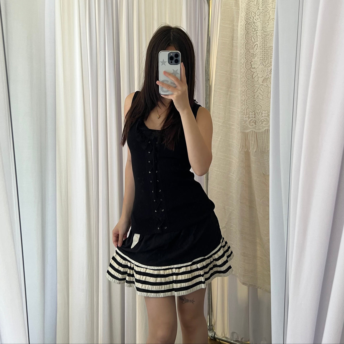 Fornarina Black Cream Drop Waist Striped Ribbon Wide Pleat Mini Skirt