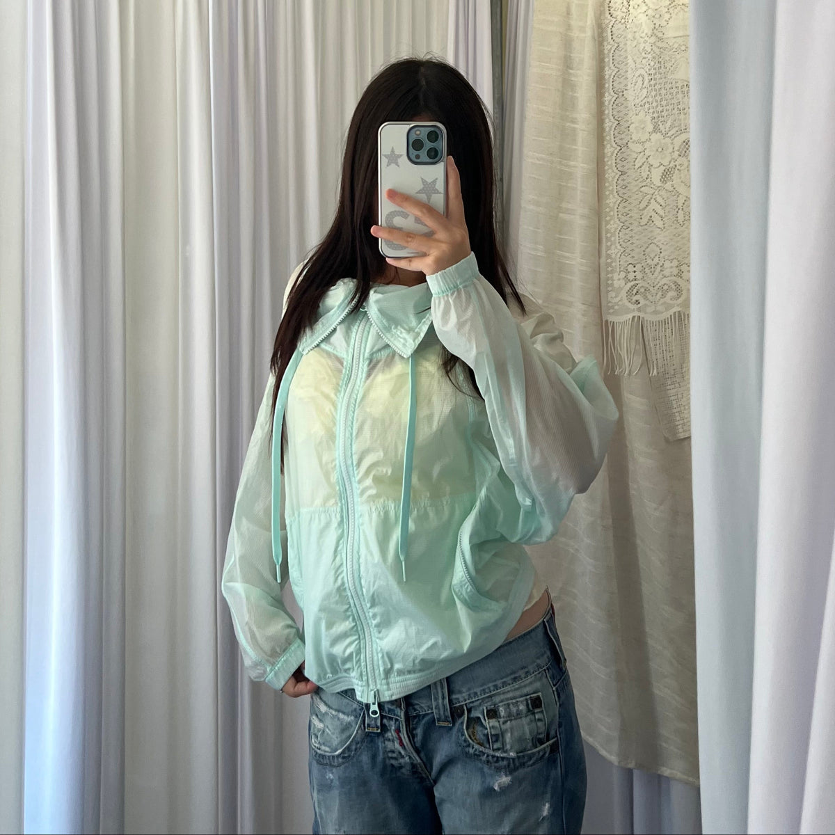 Icey Mint Blue Ruched Sporty Translucent Track Jacket