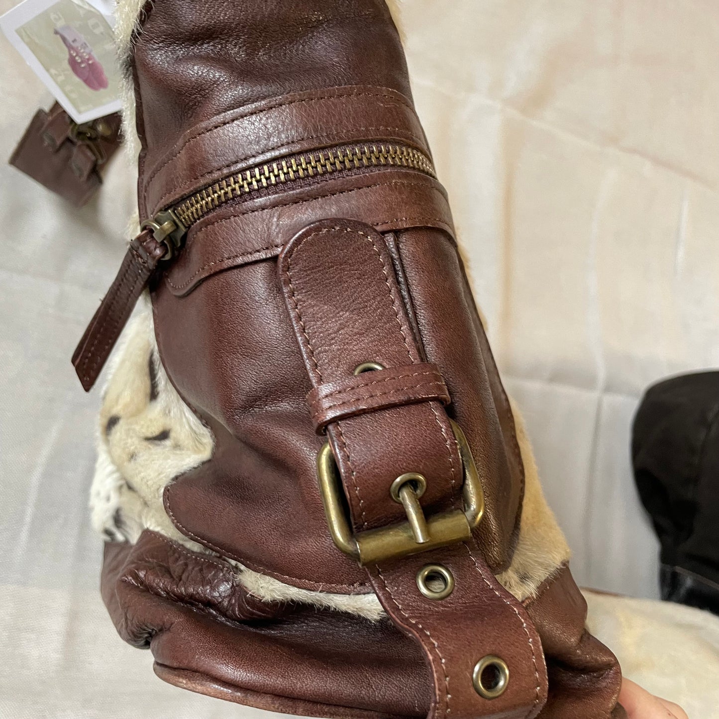 vintage oversized longobardi cow print pony hair x brown leather buckle bag