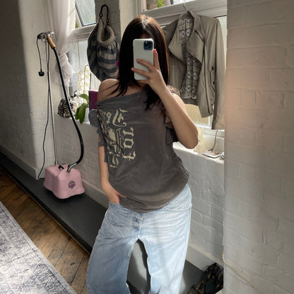 piezak 深灰色丝绸文字图案束腰上衣