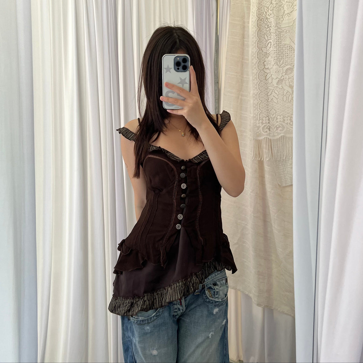 Rinascimento Brown Asymmetric Layered Striped Mix Button Camisole