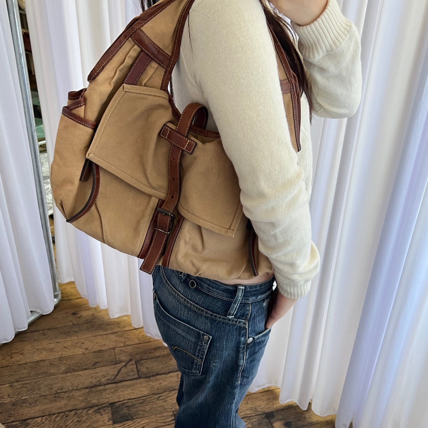 Vintage E.b.agos Tan Brown Beige Trench Style Leather Accent Buckle Strap Shoulder Bag