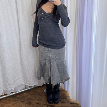 Grey Ddp Vintage Khaki Ruffle Flared Mermaid Hem Midi Skirt