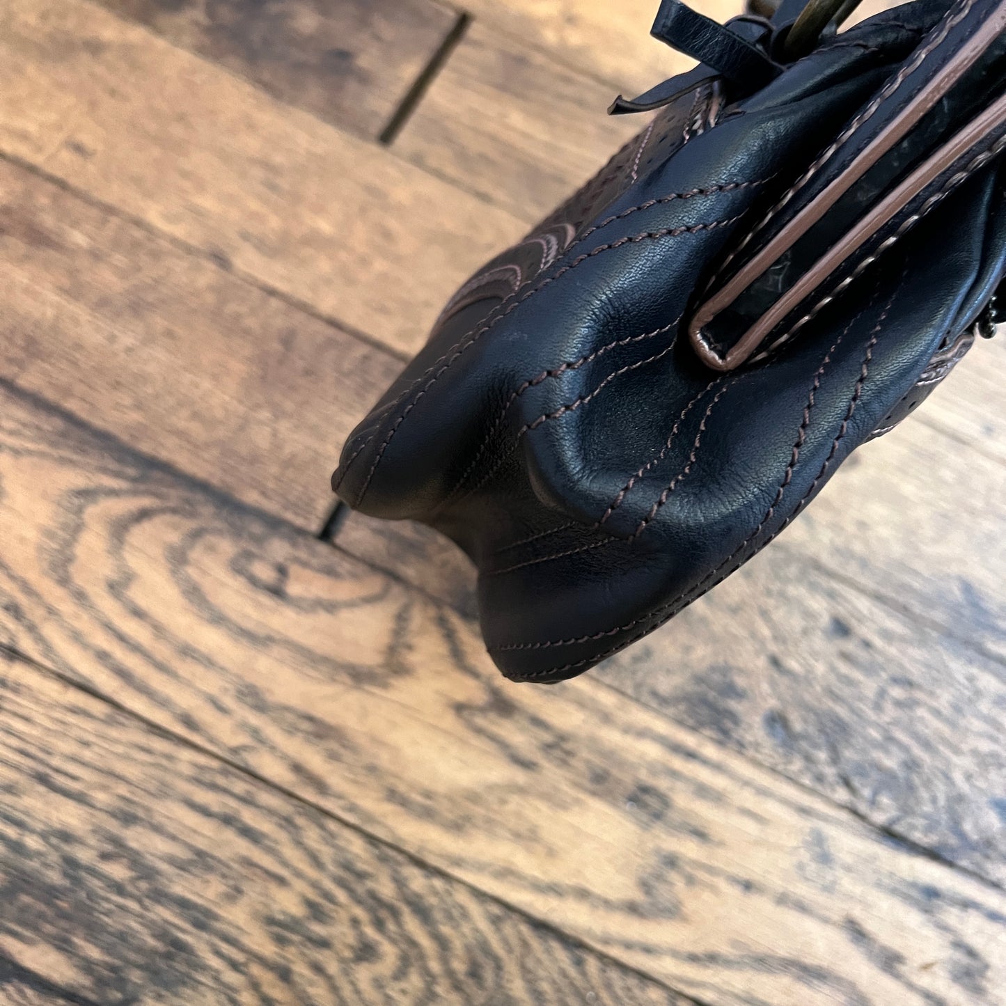 Anna Sui Black Leather Balletcore Panelled Pouch Shape Shoulder Bag