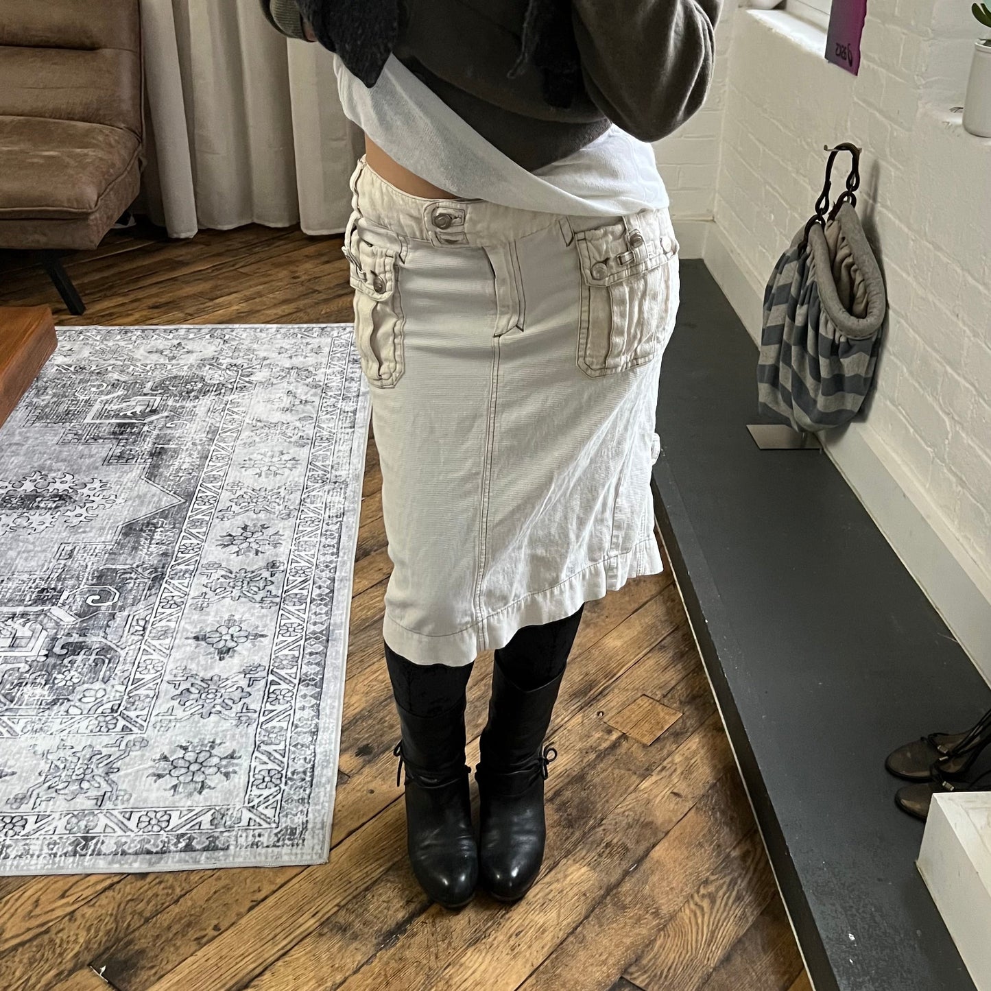 roberto cavalli white cargo denim pleated buckle knee length skirt