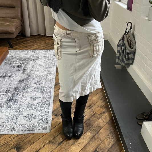 roberto cavalli white cargo denim pleated buckle knee length skirt