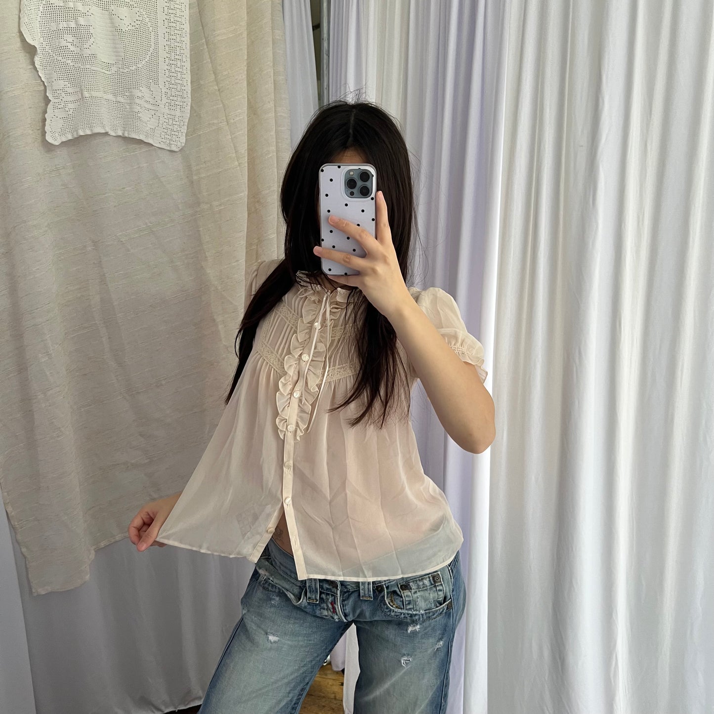 Ivory Beige L'Est Rose Ruffle Ruched High Neck Collar Puff Sleeve Blouson Top