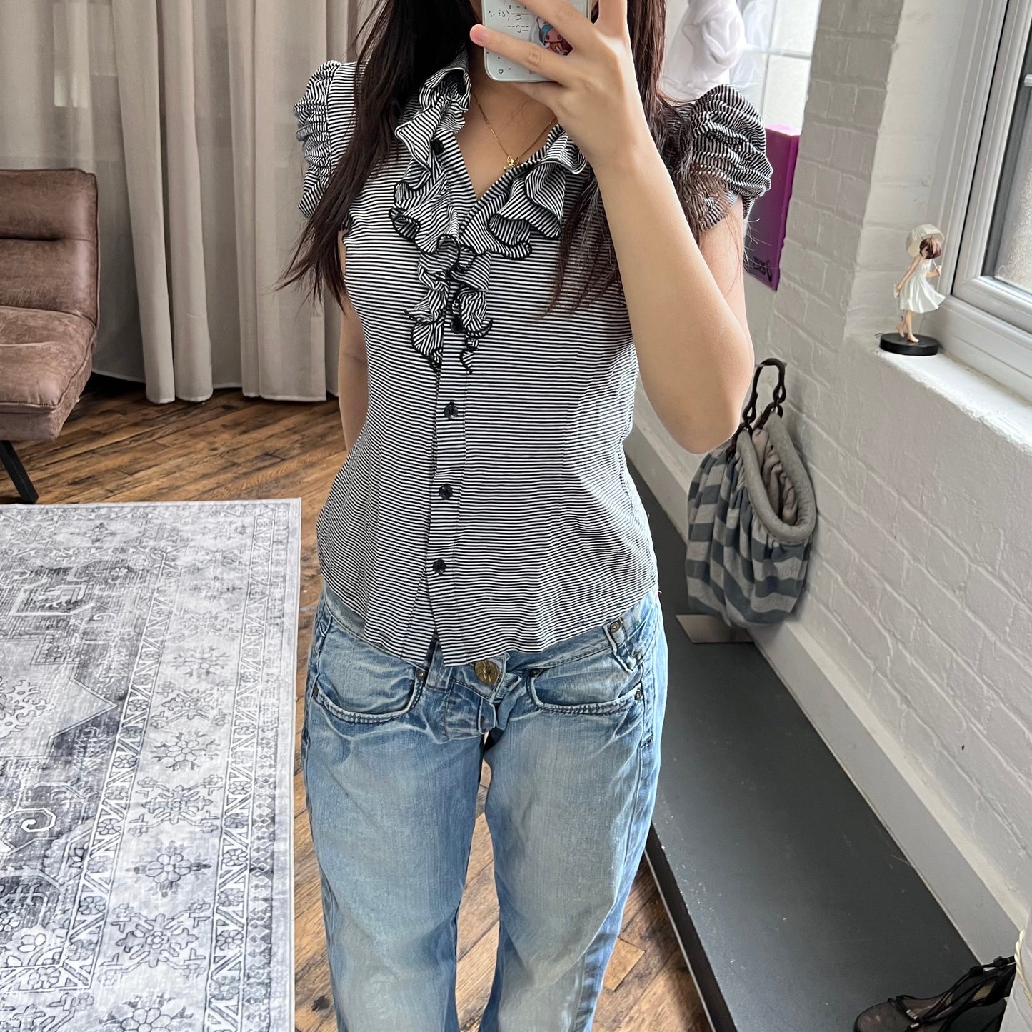 naracamicie black academia preppy ruffle striped puff sleeve collared polo style shirt