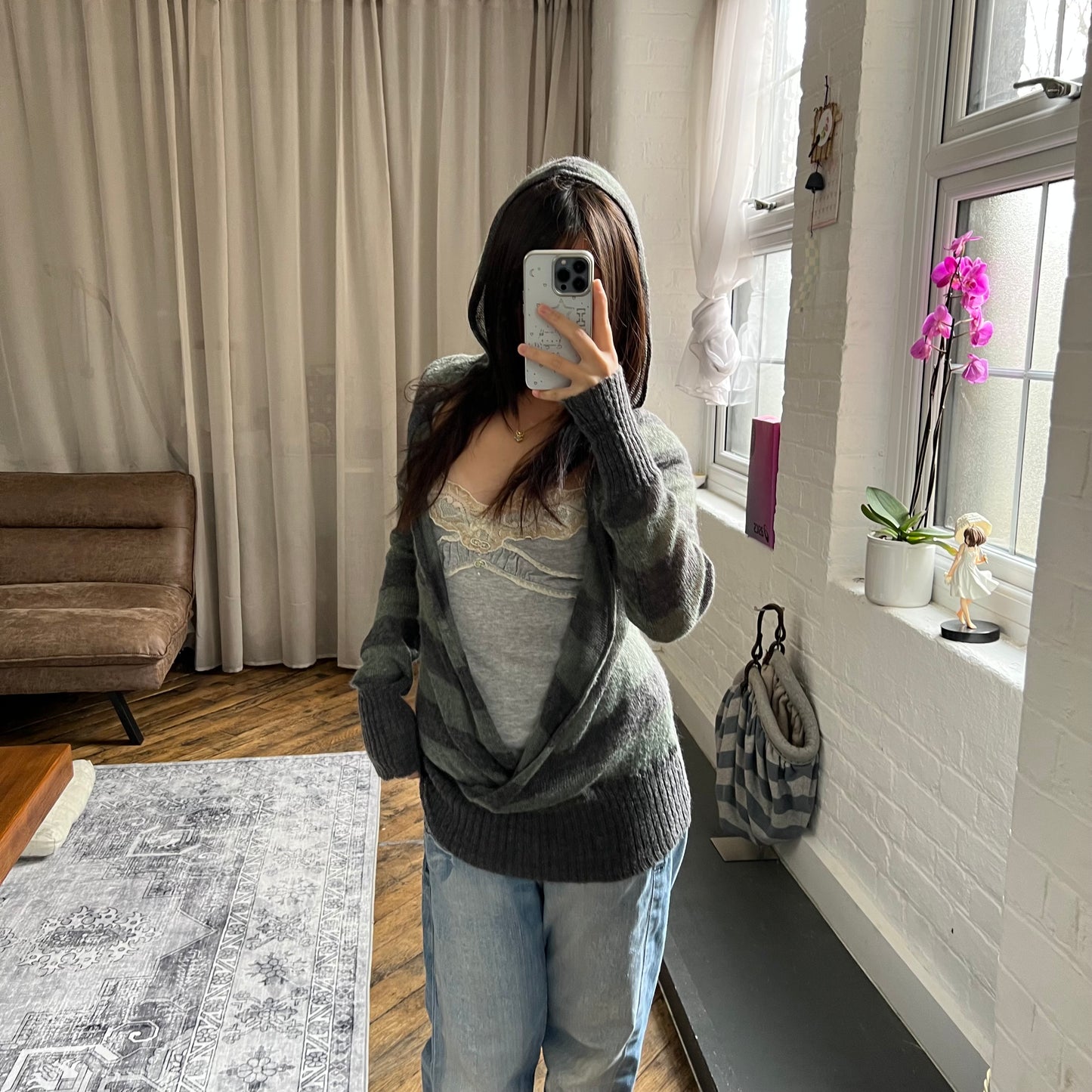 vintage creeks mohair blend grey green striped open wrap long sleeve hooded cardigan