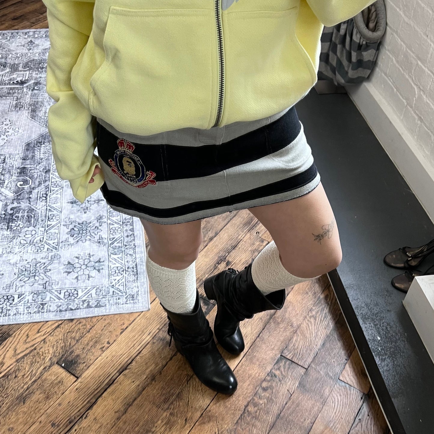 a bathing ape preppy greige black bape patch striped polo style mini skirt