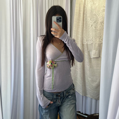 Kosmika Pastel Lilac Wrap Style Polka Dot Rosette Long Sleeve Top