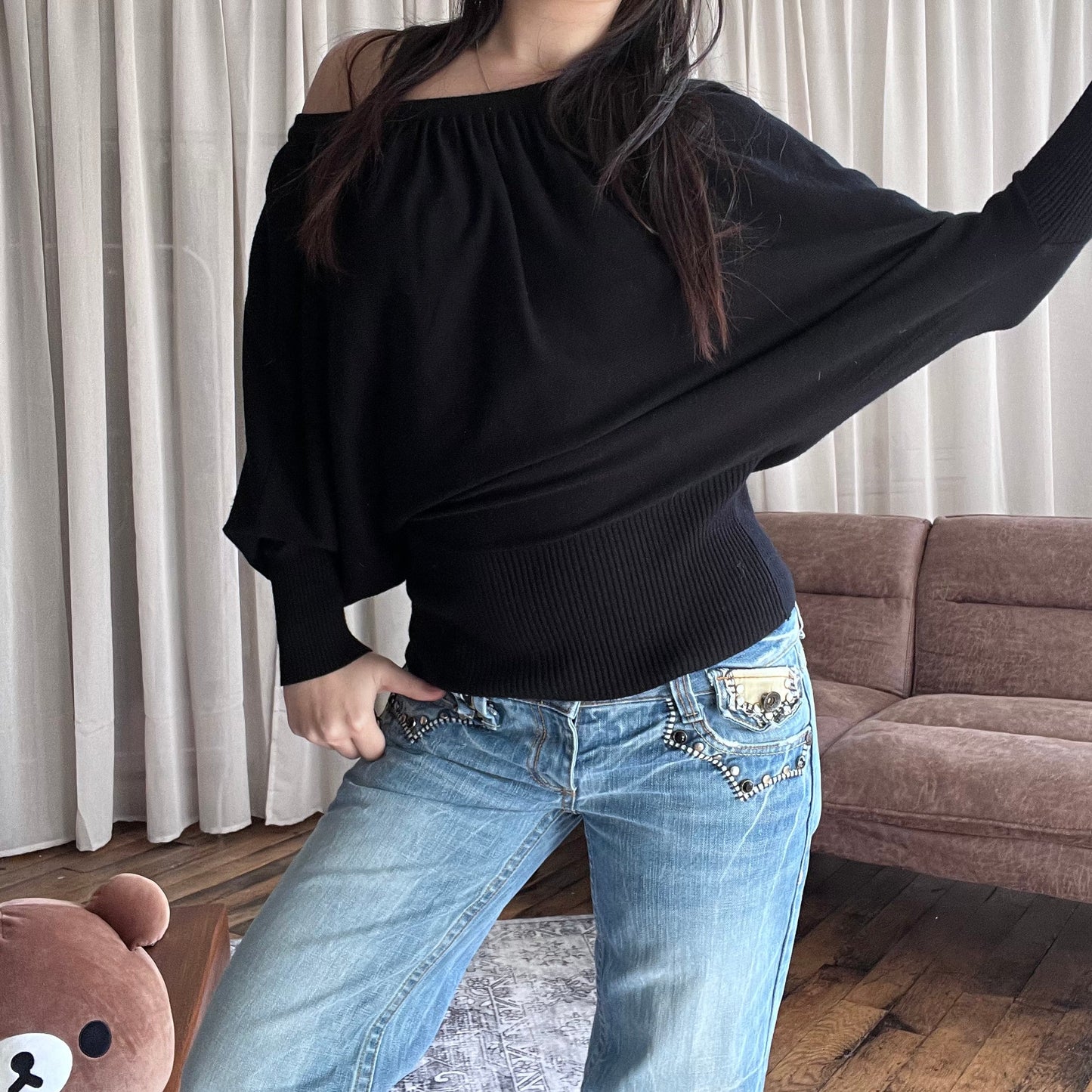 Jennyfer Black Slouchy Batwing Long Sleeve Cinched Waist Knit