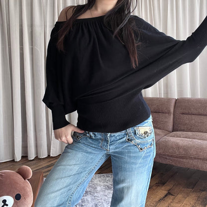 Jennyfer Black Slouchy Batwing Long Sleeve Cinched Waist Knit