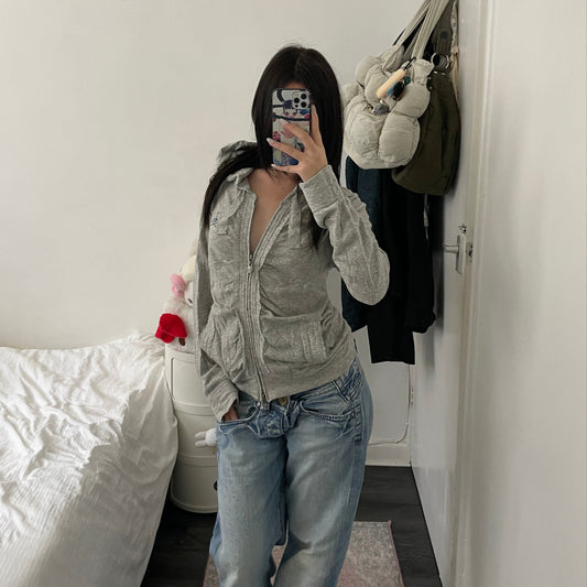 vintage hysteric glamour coquette grey lace ruched long sleeve hoodie