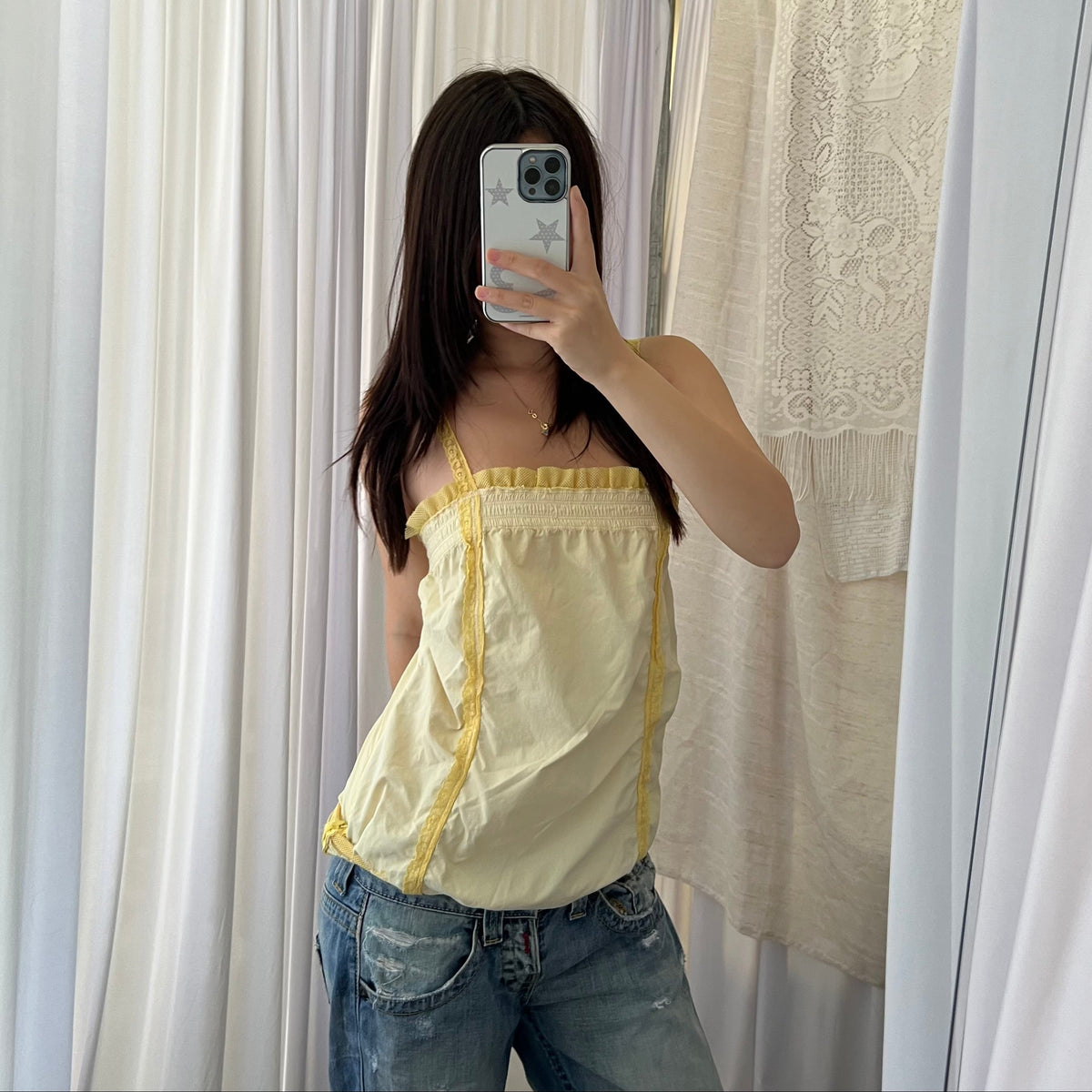 Miss Sixty White Ruched Bubble Hem Baby Yellow Ruffle Lace Camisole