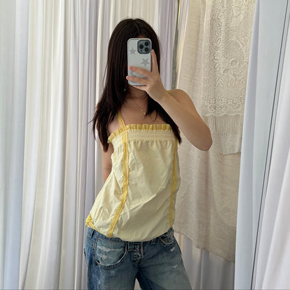 Miss Sixty White Ruched Bubble Hem Baby Yellow Ruffle Lace Camisole