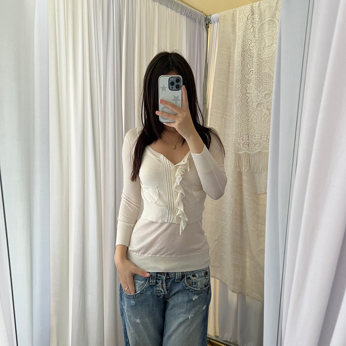 Scervino Street Silk Blend Ruffle Lace Crop Cardigan And Camisole Two Piece Set