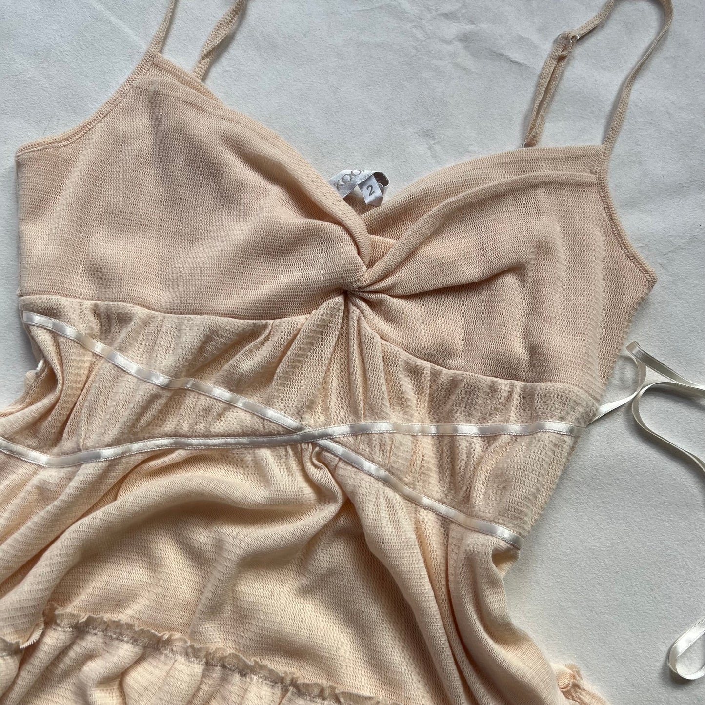 Kookai Apricot Beige Ruched Bust Ruffle Hem Criss Cross Babydoll Camisole