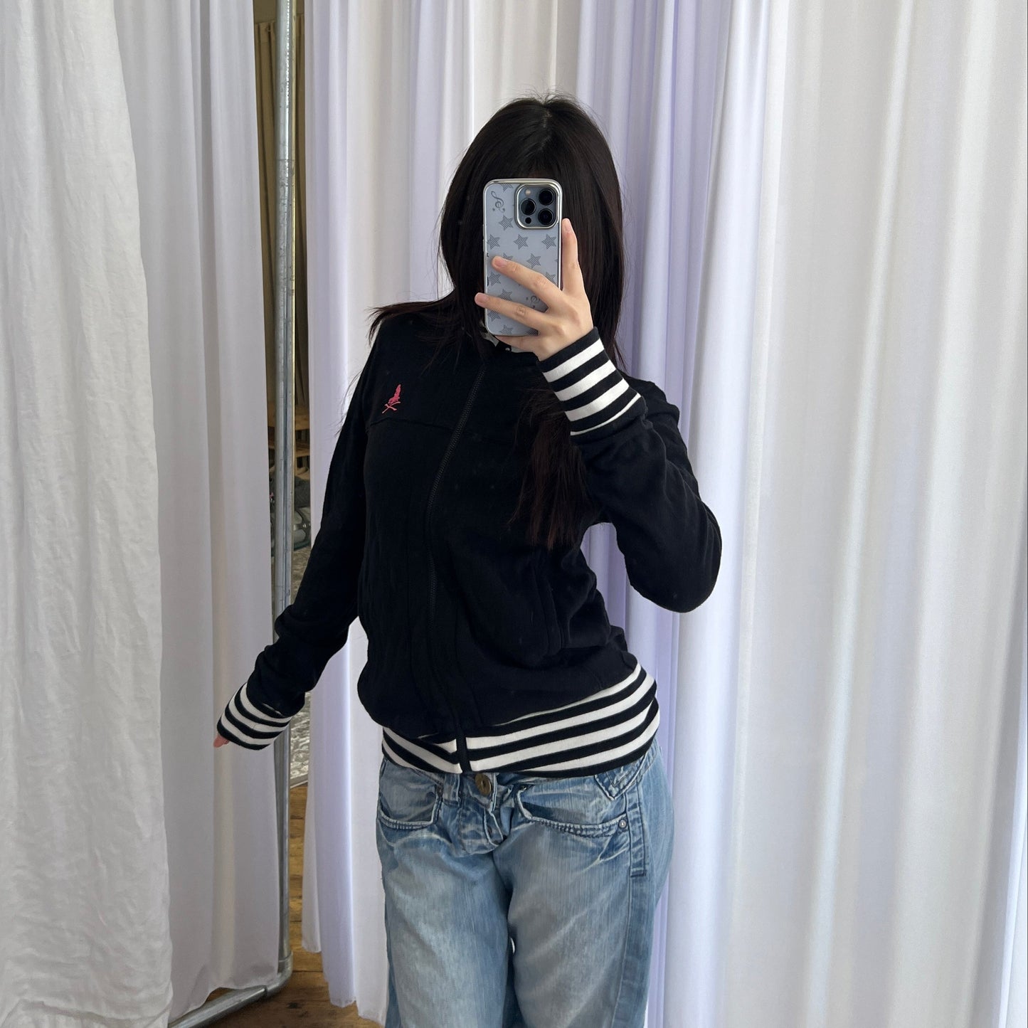 Black Hysteric Glamour Striped Hem Hot Pink Graphic Zip High Neck Tracksuit Jacket