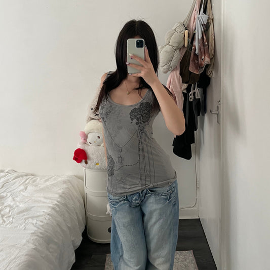 wme! grunge sleaze boho taupe grey rose chain graphic print vest top