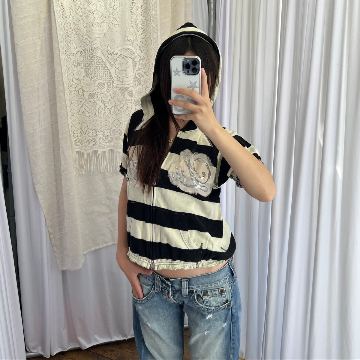 Hysteric Glamour Black Cream Striped Lucifer Ivory Pink Sequin Zip Short Sleeve Hoodie