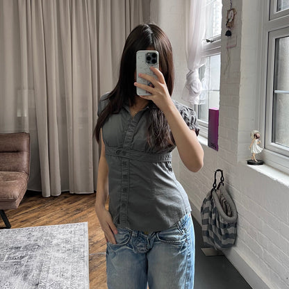 dark grey tally weiji corpcore preppy puff sleeve dual button blouson shirt