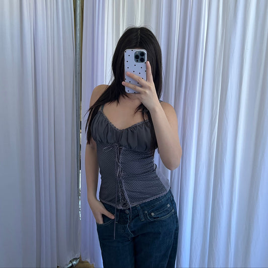 Rinascimento Dark Grey Purple Ruched Bust Fishnet Lace Up Camisole