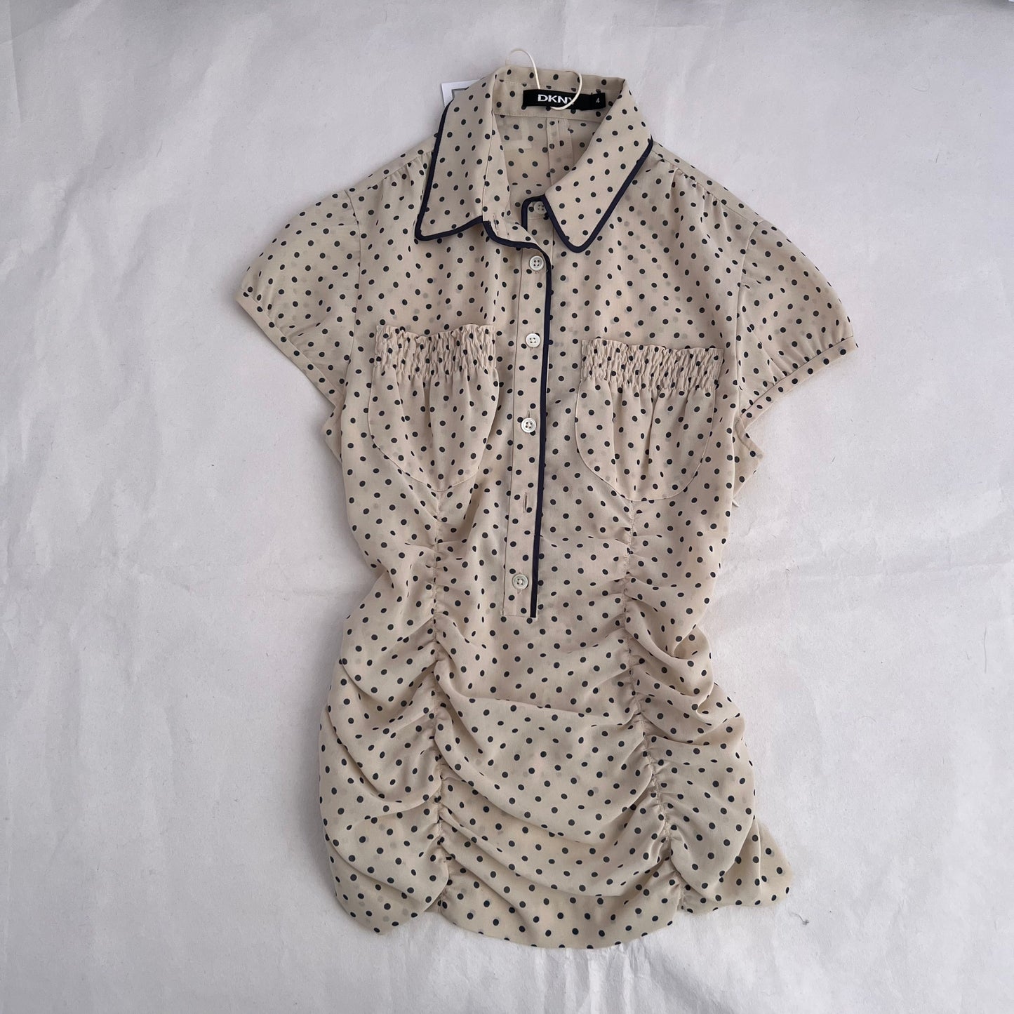 DKNY Ivory Cream Navy Polka Dot Ruched French Cap Sleeve Blouse
