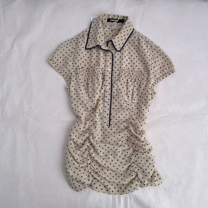 DKNY Ivory Cream Navy Polka Dot Ruched French Cap Sleeve Blouse