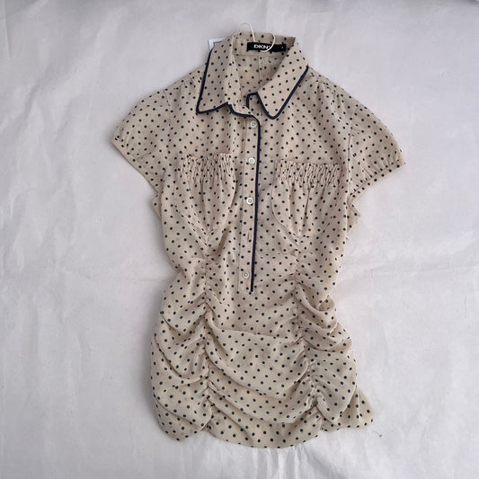DKNY Ivory Cream Navy Polka Dot Ruched French Cap Sleeve Blouse