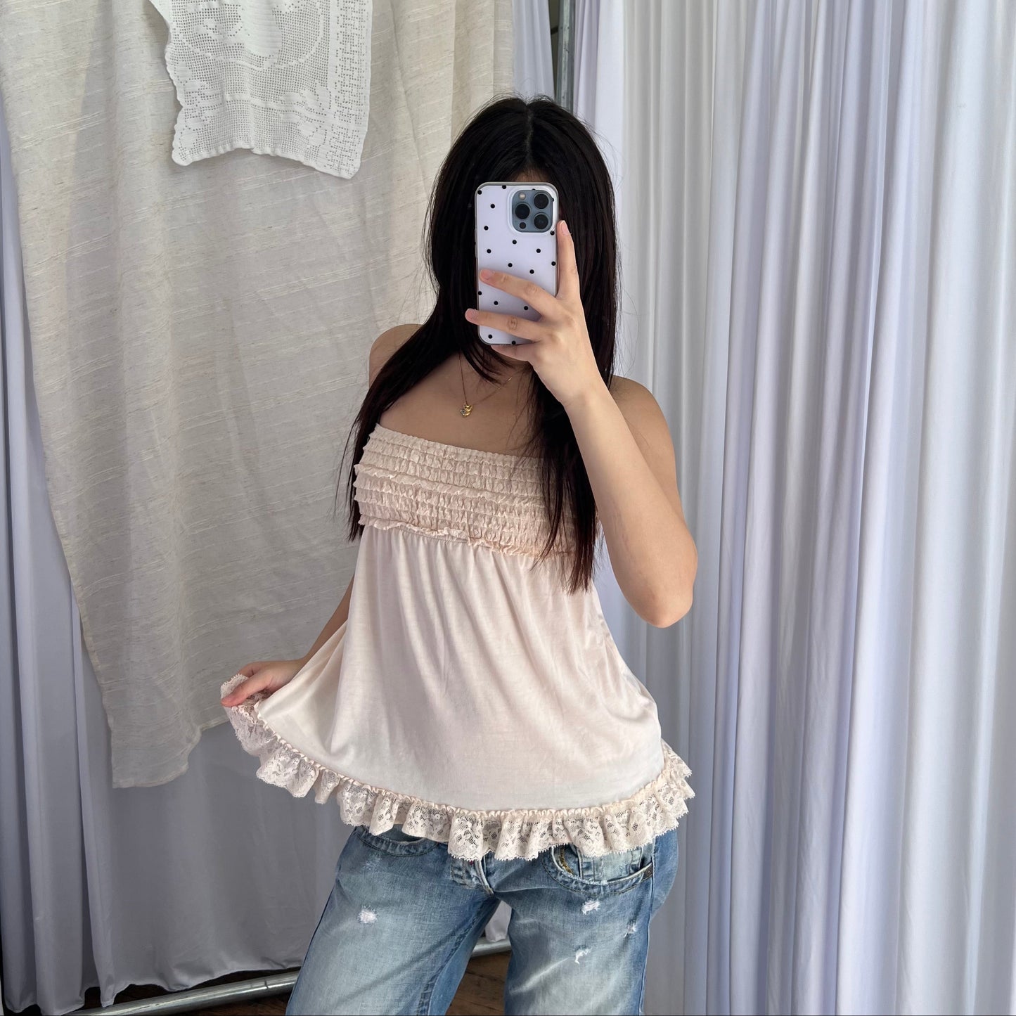 Gelato Pique Peach Ivory Pink Babydoll Ruched Frill Hem Camisole
