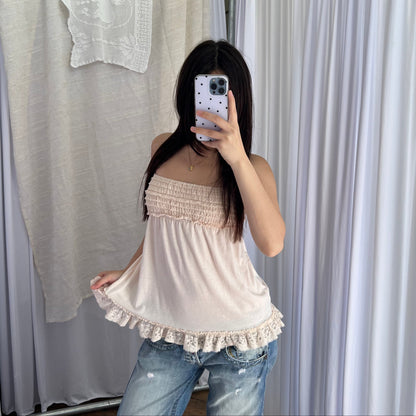 Gelato Pique Peach Ivory Pink Babydoll Ruched Frill Hem Camisole