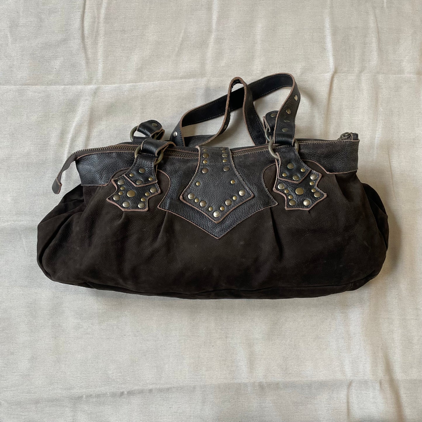 western grunge vintage nine lives brown suede leather studded shoulder bag