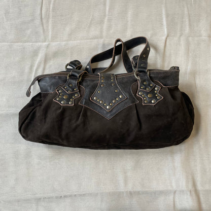 western grunge vintage nine lives brown suede leather studded shoulder bag