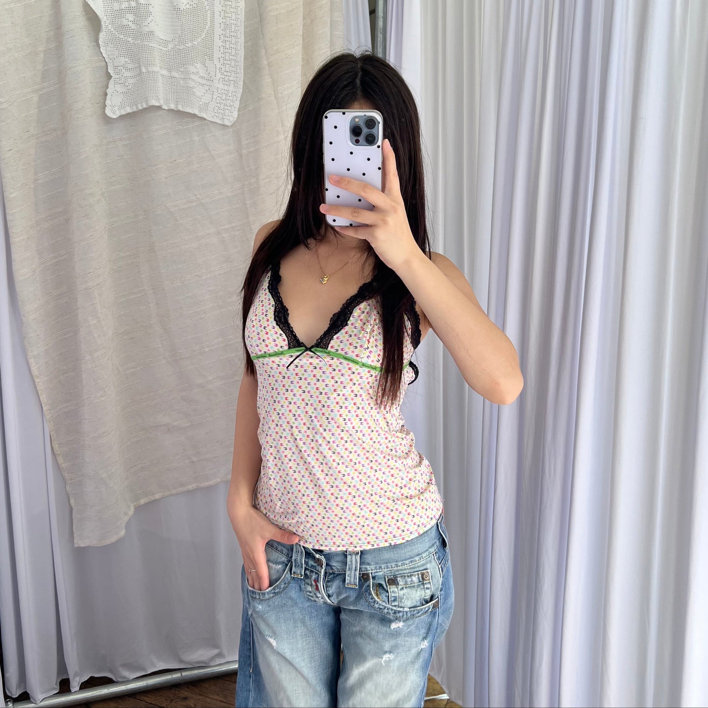 Just Cavalli Spring Pastel White Multi Colour Monogram Lacey Trim Bow Camisole