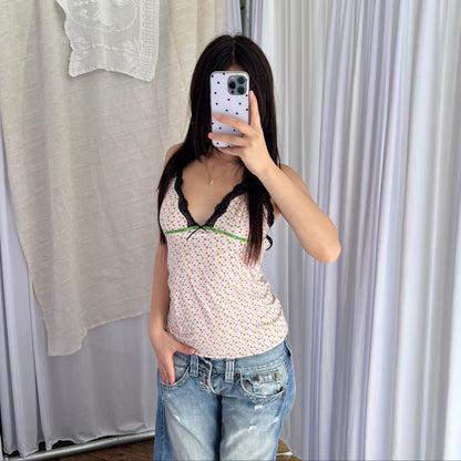 Just Cavalli Spring Pastel White Multi Colour Monogram Lacey Trim Bow Camisole