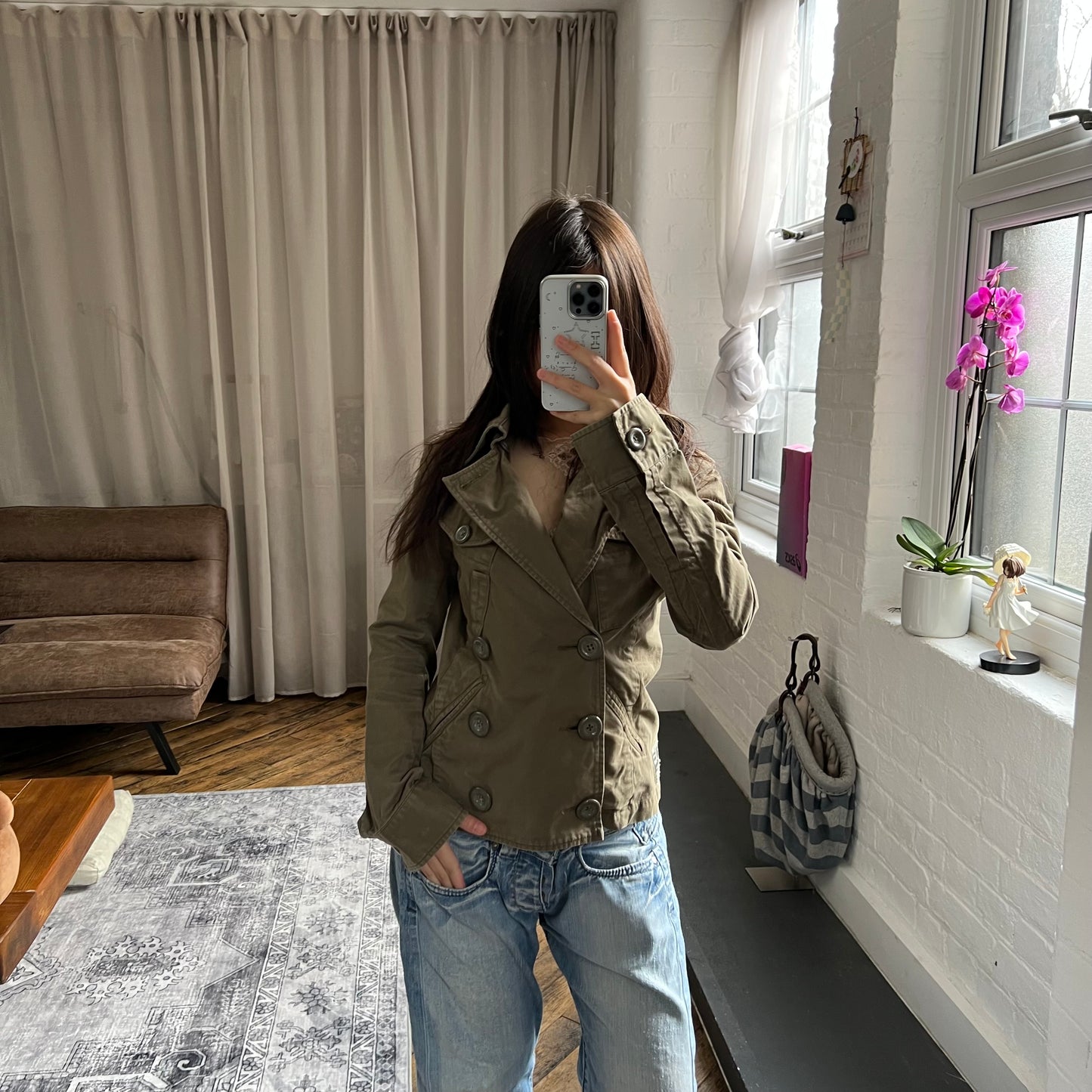 khaki diesel corpcore asymmetric button down trench style jacket