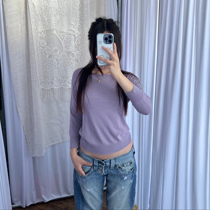 Lilac Dkny Silk Blend 3/4 Sleeve Crop Fine Knit Top