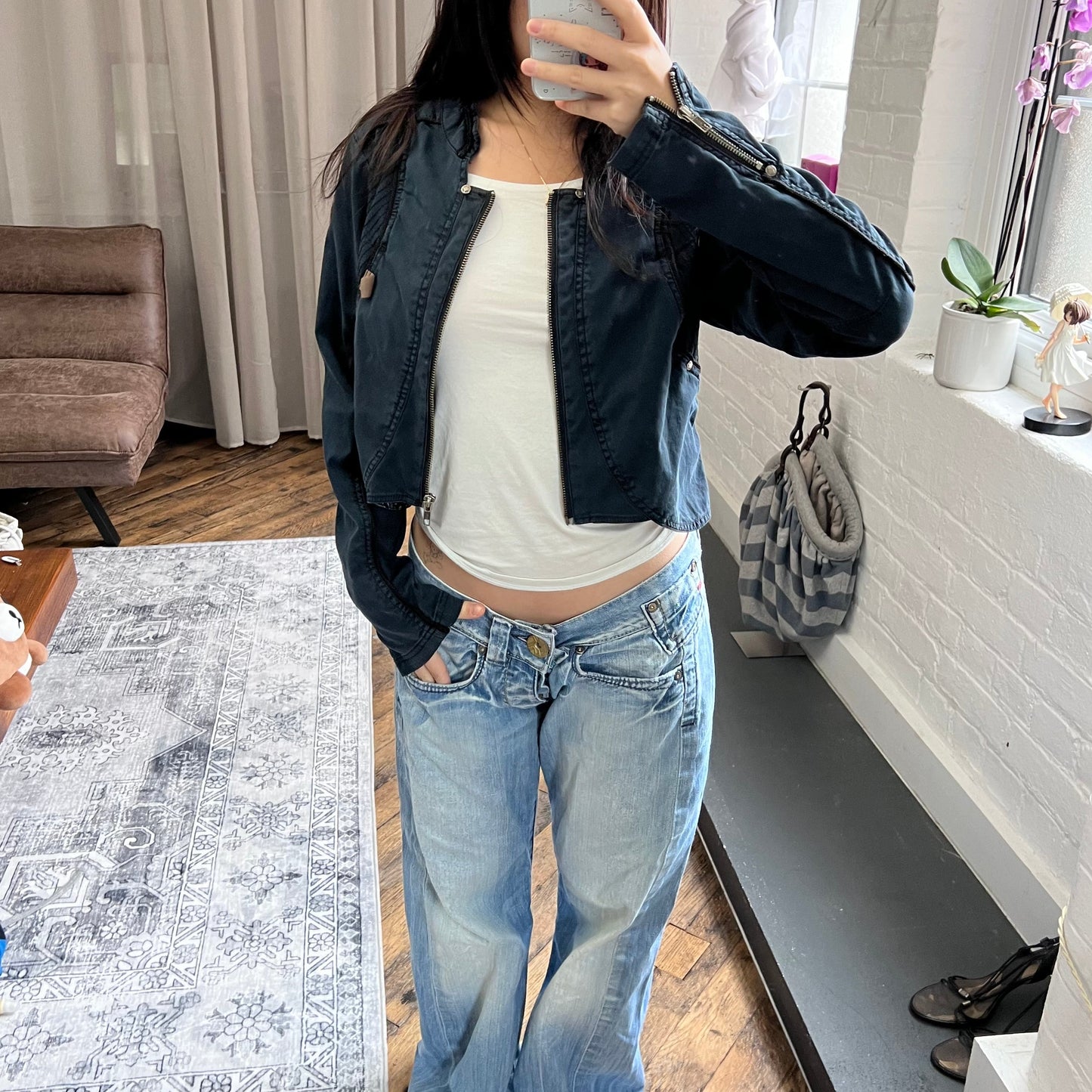 vintage navy blue nu utility biking zip piping accent crop jacket