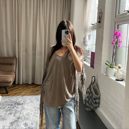 vintage goa taupe brown v neck fringe sleeve oversized shirt